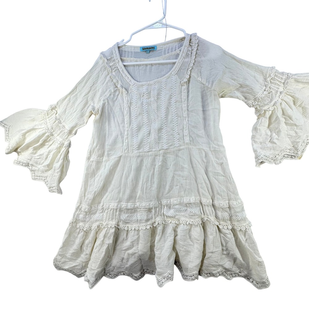 Samson Boho Tunic Dress Womens M Cream Good‎ Lace Crochet Bell Sleeve Embroidery